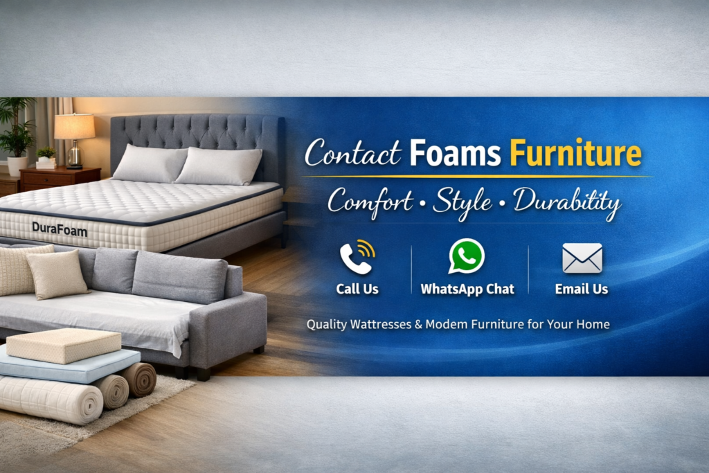 Foams Furniture Contact Us banner featuring premium mattress and sofa-cum-bed with tagline ‘Comfort • Style • Durability’ and icons for Call Us, WhatsApp Chat, and Email Us on a blue gradient background.